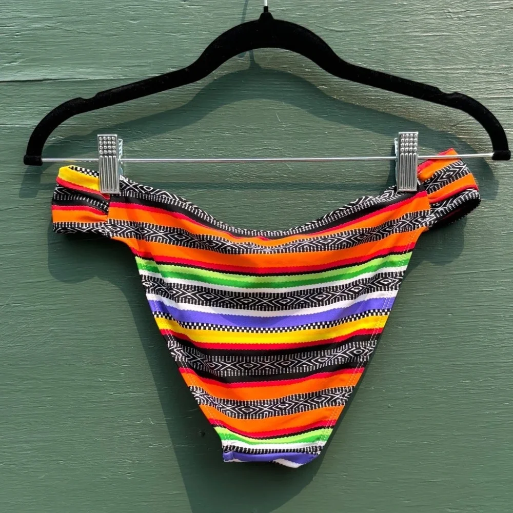 Colorful Stripe Tribal Print Push Up Halter Bikini Set Neon Multi Medium